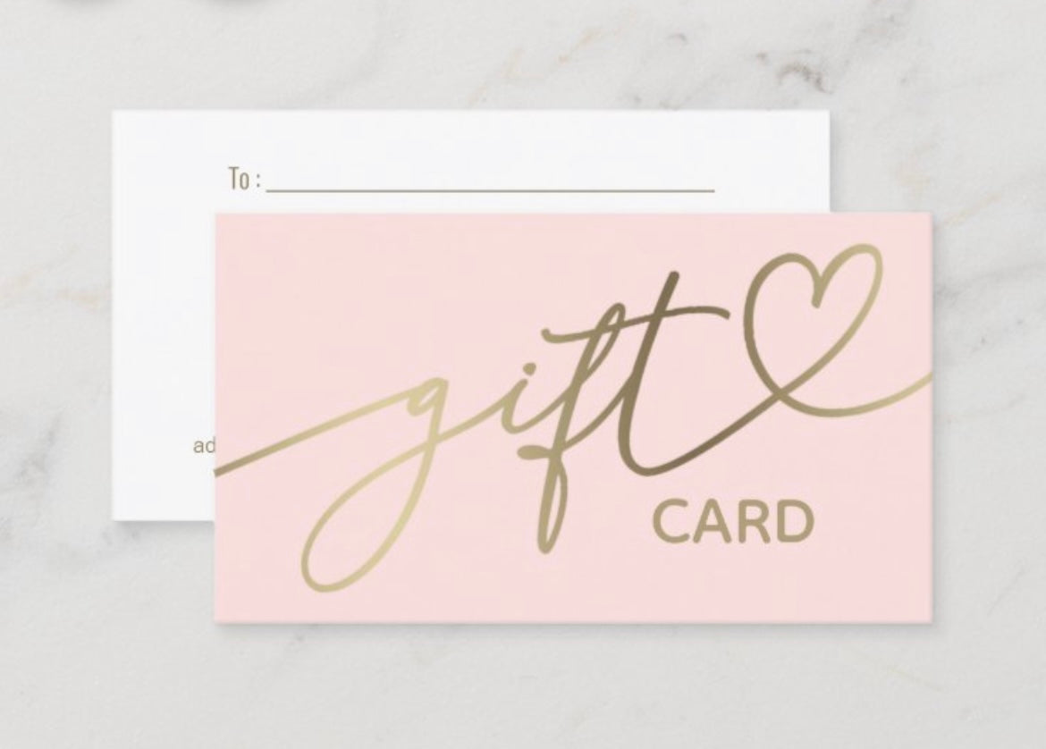 a pink gift card with gold text on it