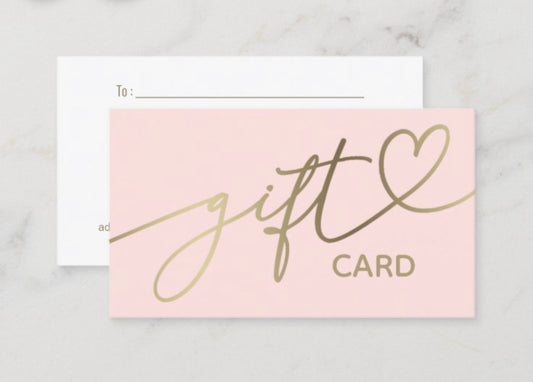 a pink gift card with gold text on it